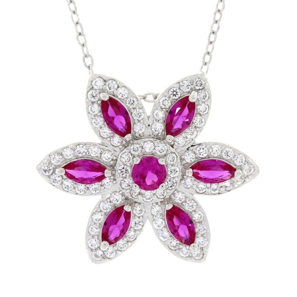 Created Ruby Cubic Zirconia Flower Pendant Necklace Sterling Silver - Picture 1 of 8